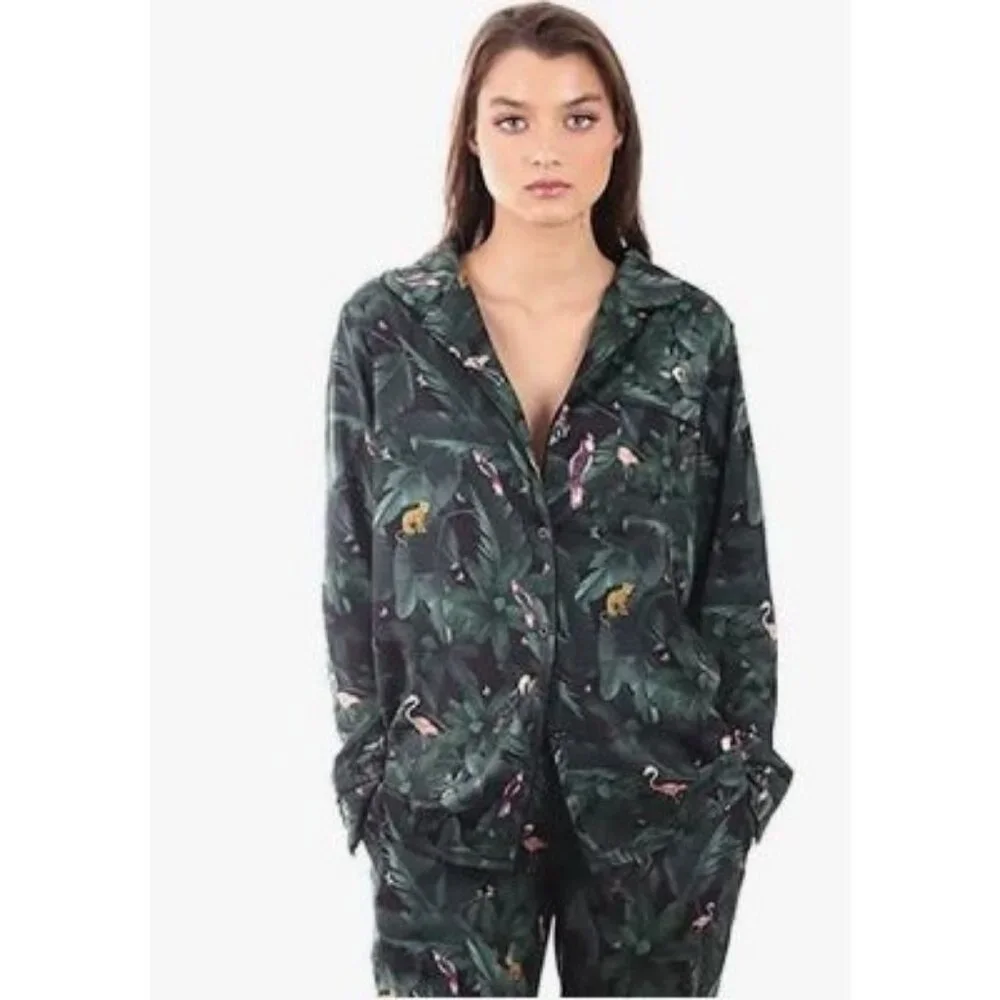 Plush Women's Jungle Print Button-Up Pajama Top S Polyester Blouse - Picture 1 of 7